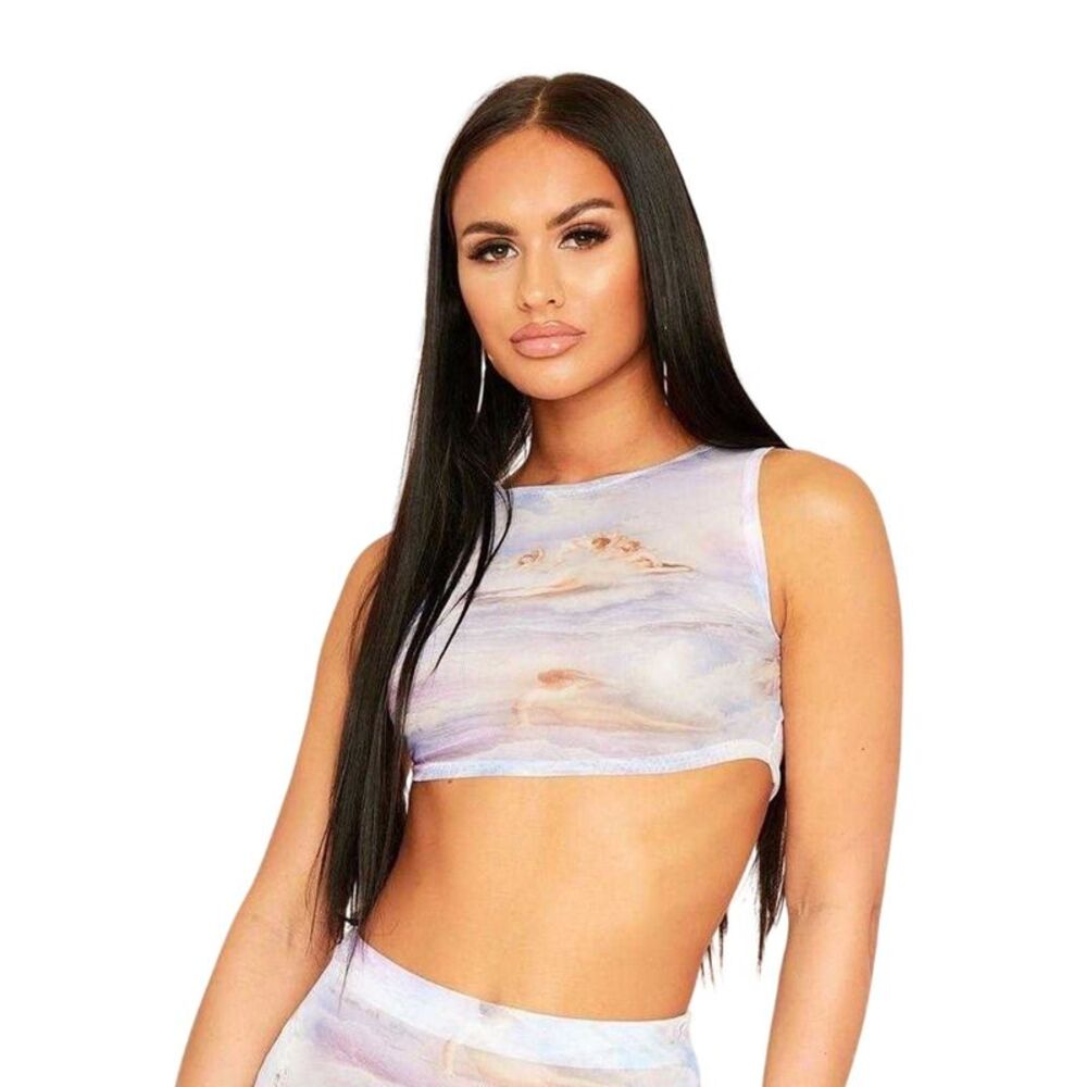 Missy Empire Womens/Ladies Renaissance Art Print Mesh Sleeveless Crop Top / Blue